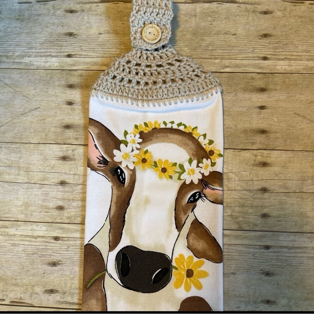 Crochet Top Cow Hanging HandTowel Single Thickness Brown Handmade With Love